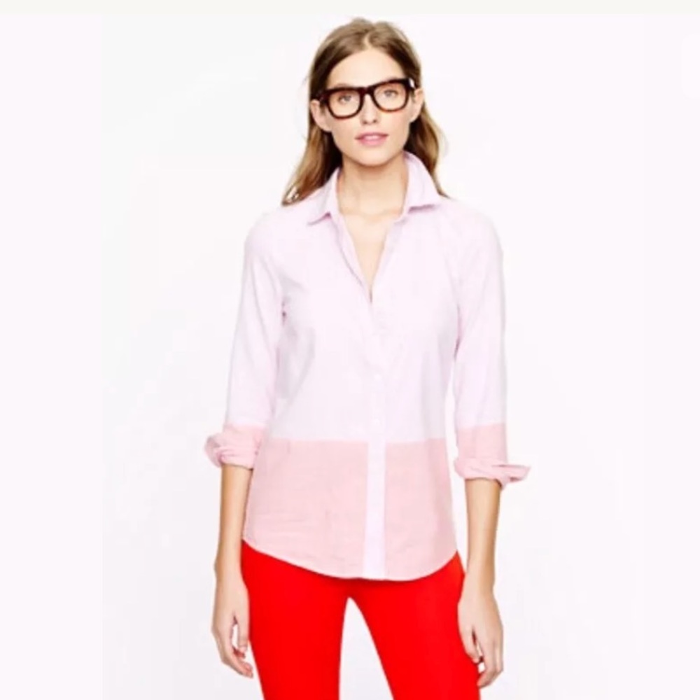 J. CREW Boy Color Block Oxford Shirt Top Blouse Button Down Pink Ted Collared